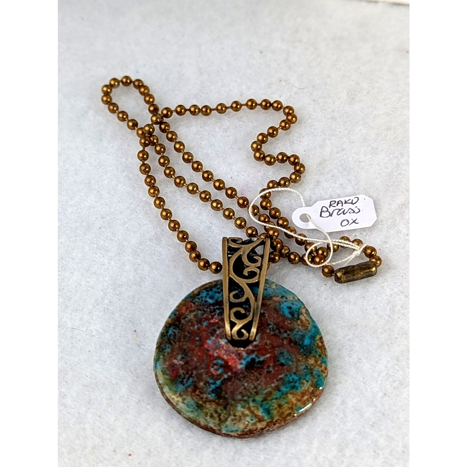 Raku donut pendant+17 ball chain handmade artisan brass ethnic boho hippie NWT