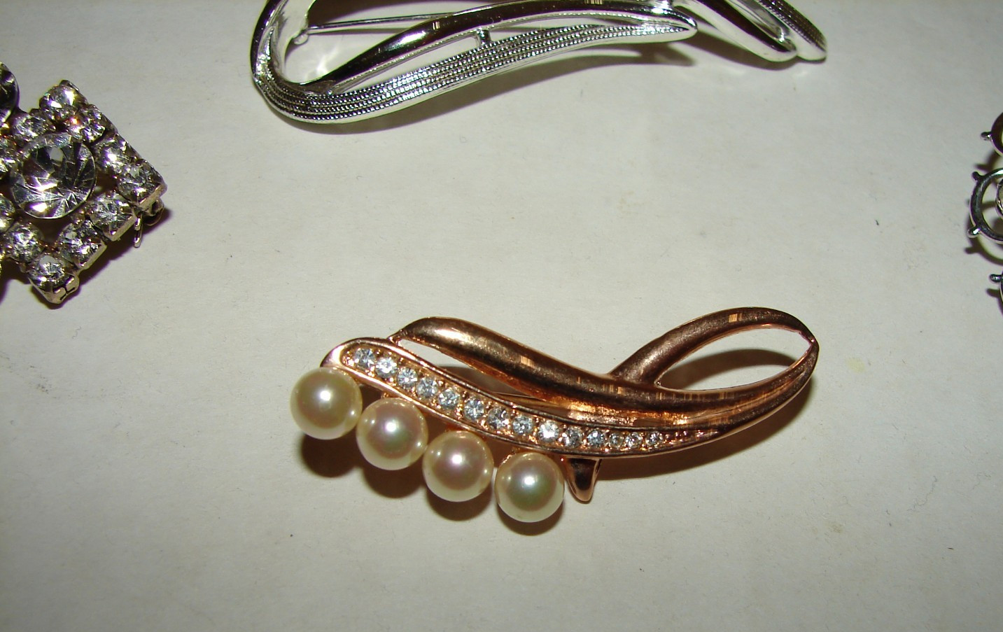 Vintage Lot 7 Brooches One Designer Signed Sarah Cov. Rhinestones and Faux Pearl