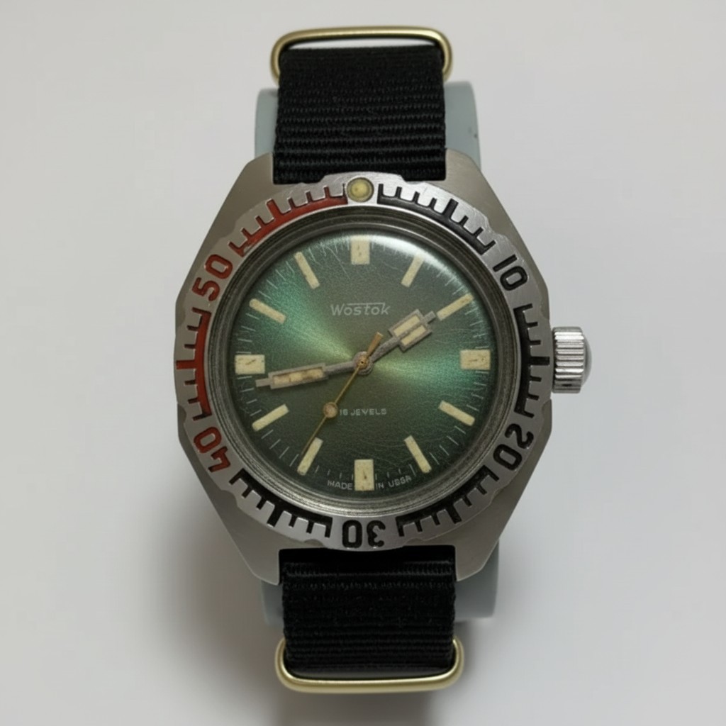 Vintage Mens Watch Vostok Amphibia Komandirskie USSR 17 Jewels Green Dial Steel