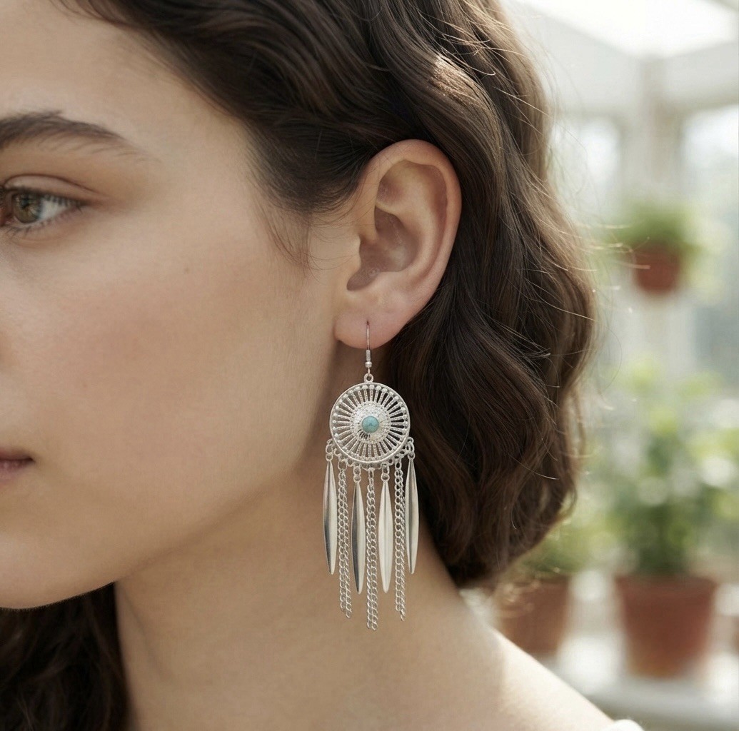 Ethnic Style Retro Silver Tassel Earrings Turquoise Long Indian Wind Bohemian