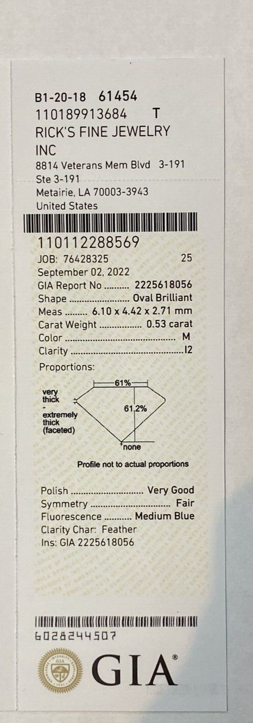 GIA CERTIFIED ~ .53CT OVAL BRILLIANT CUT ~ LOOSE FACETED DIAMOND ~ I2/M