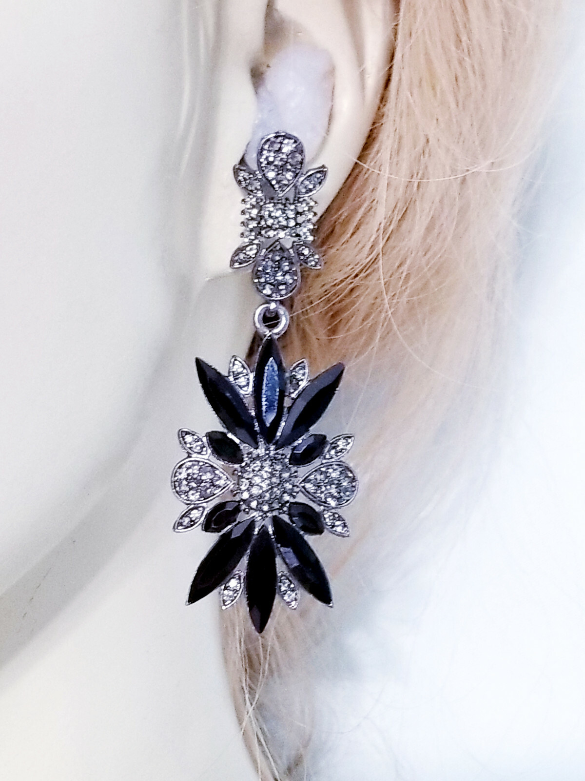 Rhinestone Chandelier Drop Earrings Steampunk Prom Pageant Jewelry 2.8 in Black