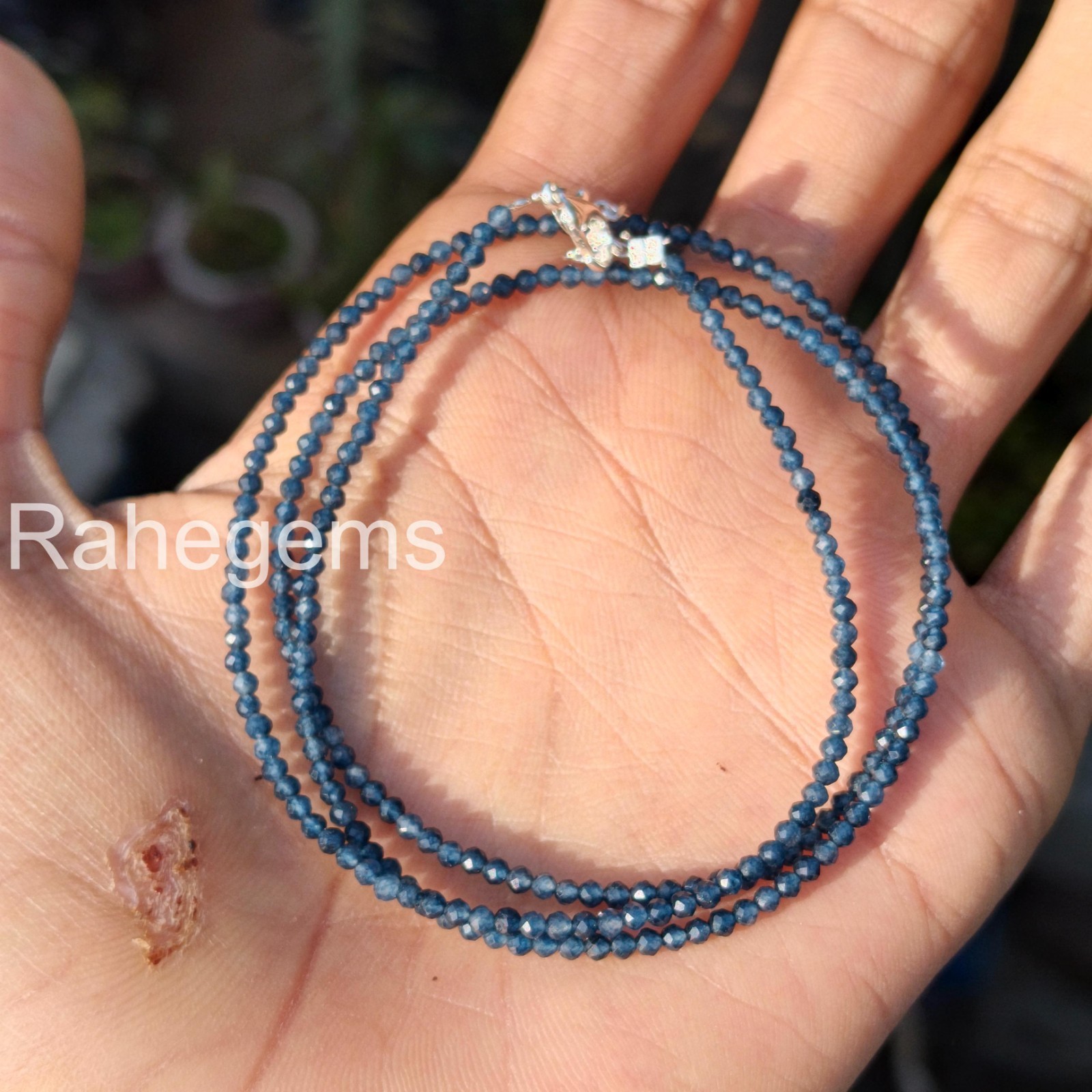 Blue Sapphire Necklace 2mm Micro Faceted Beads, Dainty Real Gemstone Choker, Min