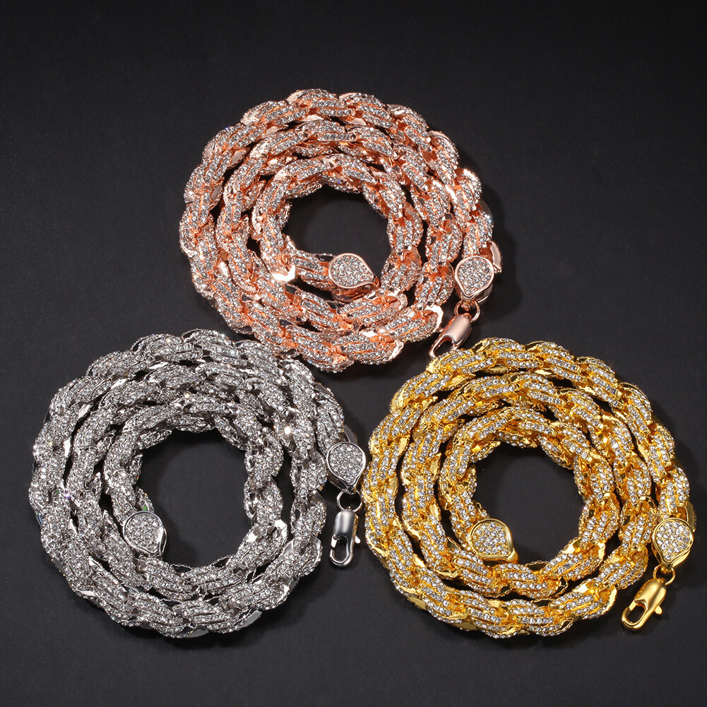 9mm White Gold Plated Iced Out CZ Rope Chain Bracelet Necklace Hip Hop Jewelry