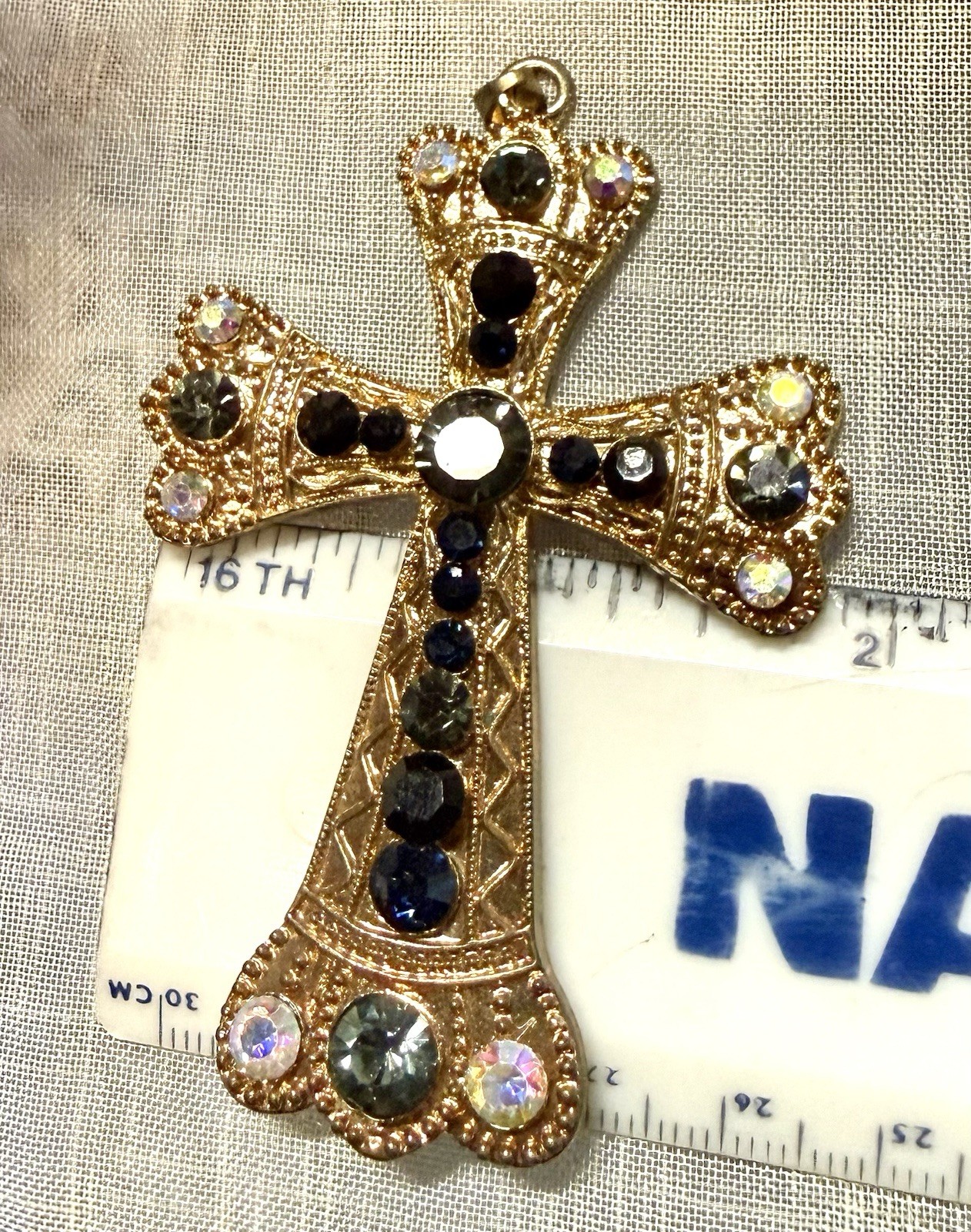 VTG.Large Gothic Cross Pendant Blue Gray Rhinestone Gold Tone Medieval Revival