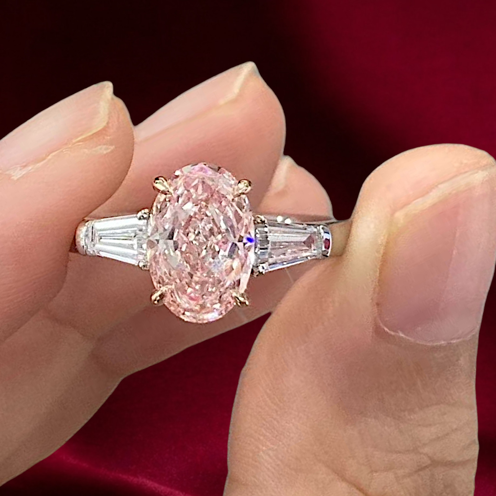 18k Multi Gold 2.50 Ct Oval Cut IGI Lab Created Diamond Ring Fancy Intense Pink