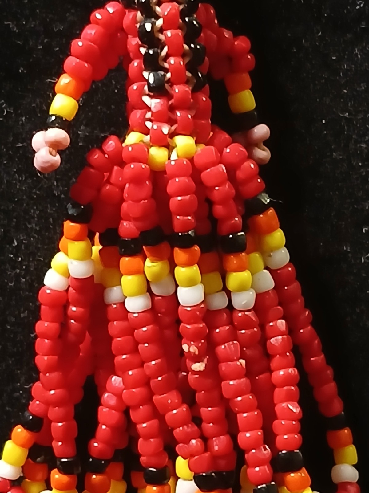 Handmade First Nation Woman Earrings With White Red Black And Yellow Seedbeads