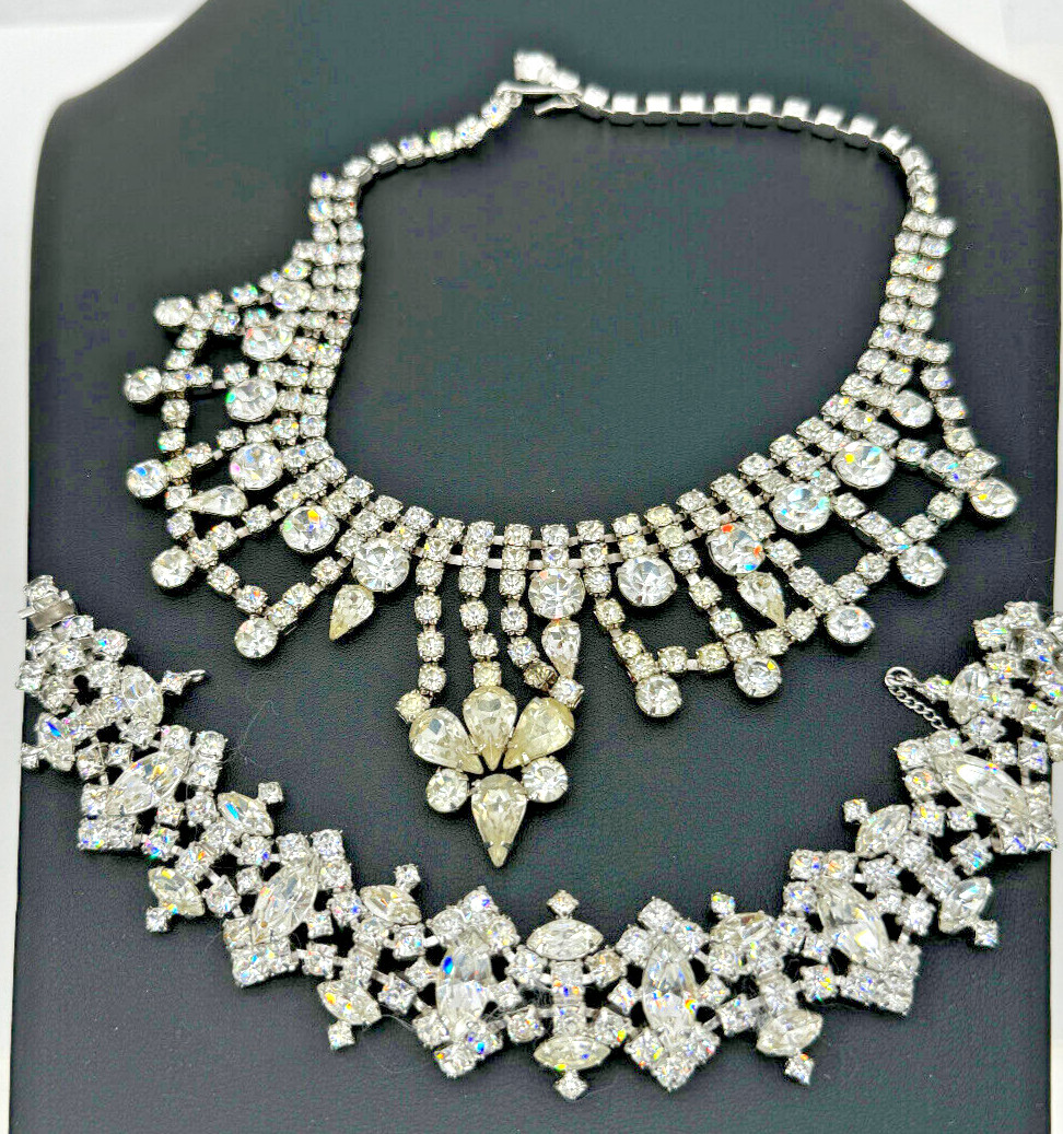 Rhinestone Necklace 16″ choker adjustable Bracelet 8″ Silver Tone Sparkles
