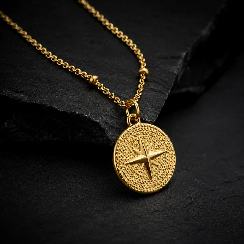 Elevated Pieces Men’s Gold Beaded Compass Pendant Necklace 18K PVD Steel