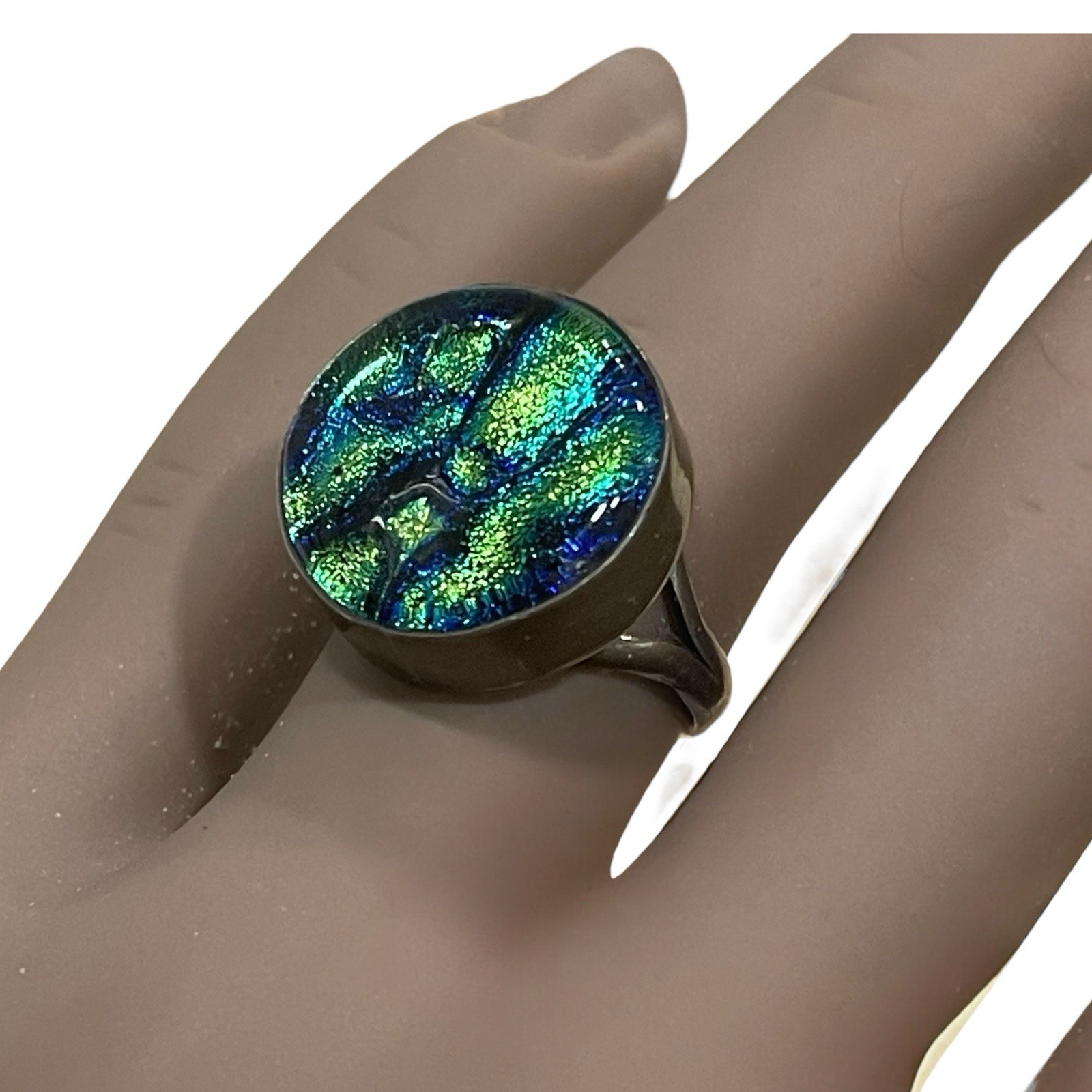 Dichroic Art Glass Ring Sterling Silver 925 Vtg Green Blue Ladies Sz 7.5 Sparkle