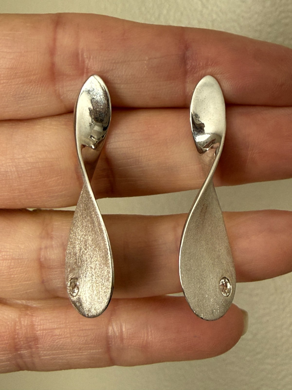 Genuine White Topaz Modern Twisted Satin Finish 925 Silver Earrings