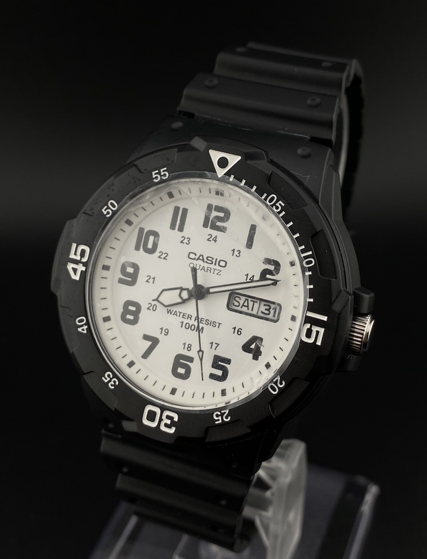 Casio White Round Day Date Dial Black Band Sport Diver Style Men’s Watch