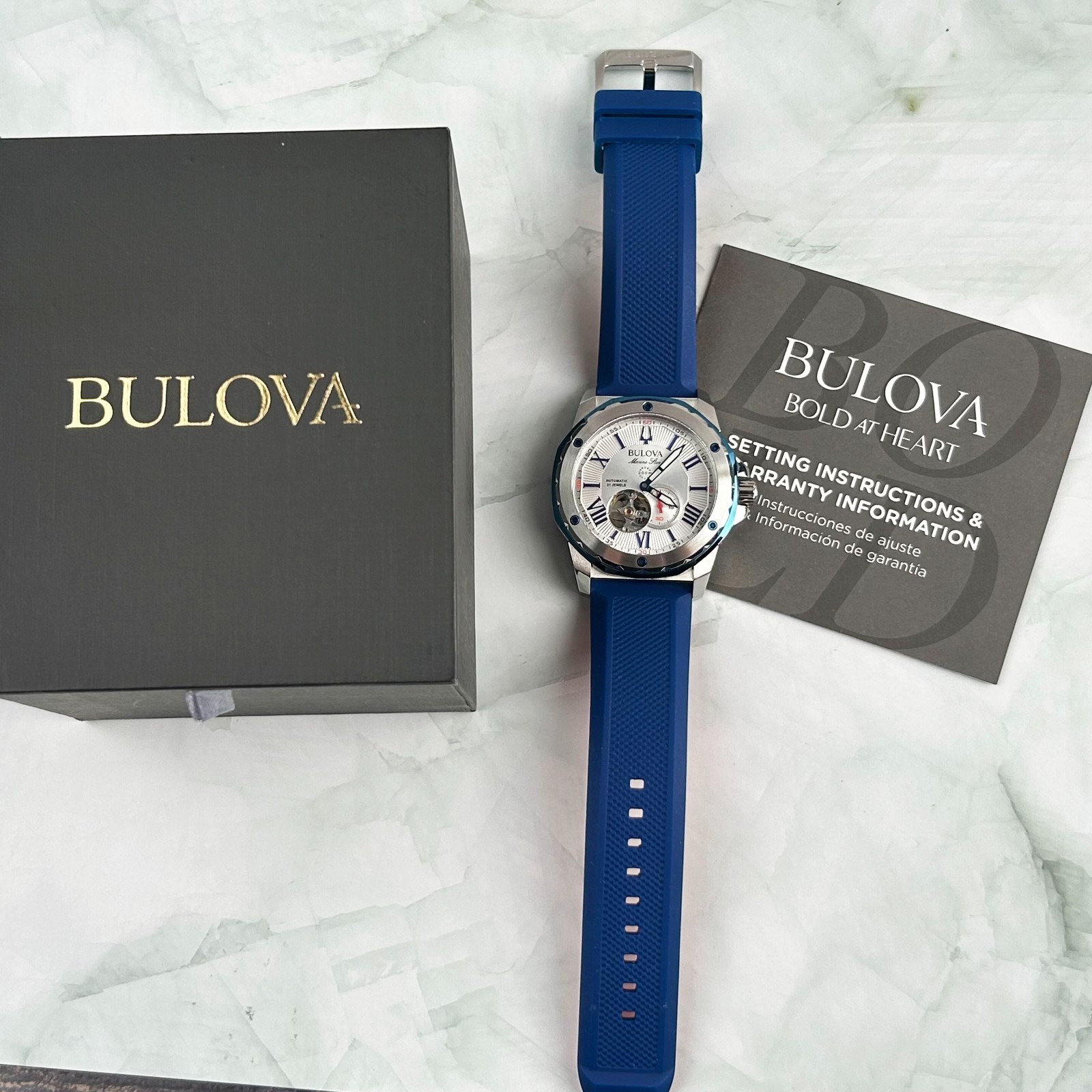 Bulova Marine Star 98A225 White Dial Blue Rubber Strap Men Automatic Watch 45MM