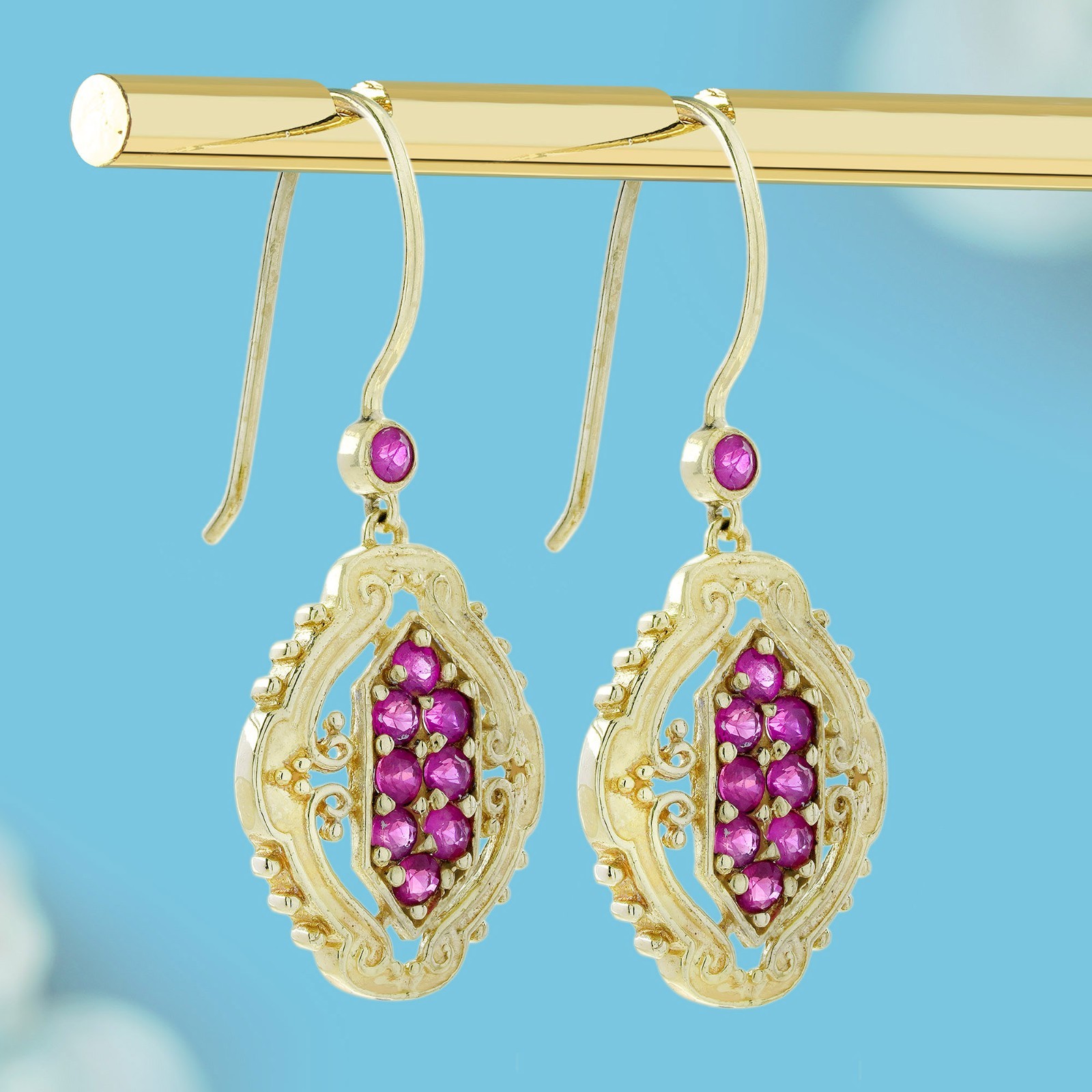 9K Gold Natural Ruby Cluster Vintage Style Drop Earrings