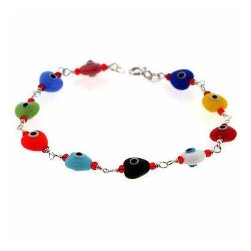 925 Silver Multi Color Heart ‘Evil Eye’ Bracelet, 7″