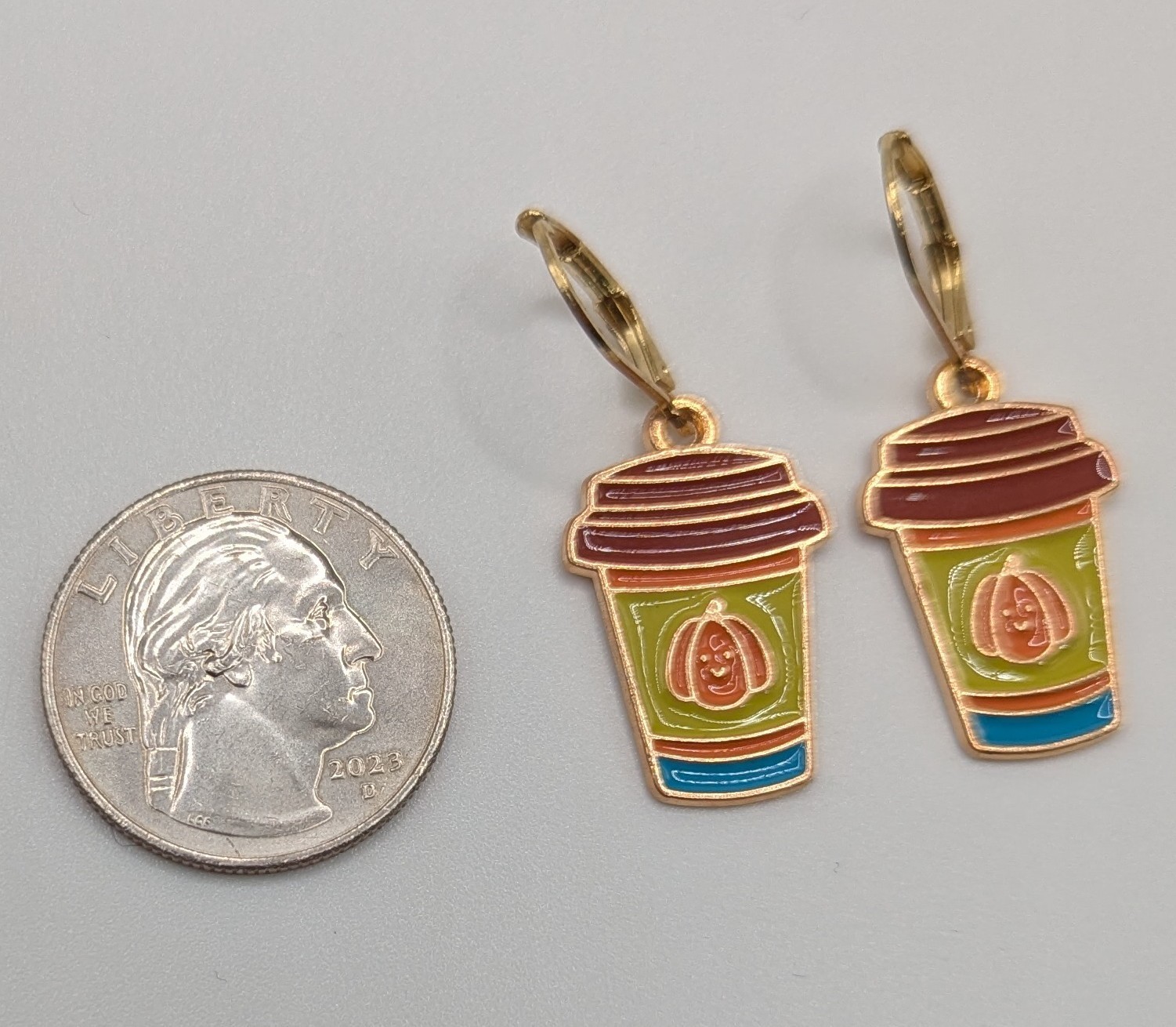 Pumpkin Spice Latte Dangle Drop Earrings, 24K gold plated leverbacks, fall
