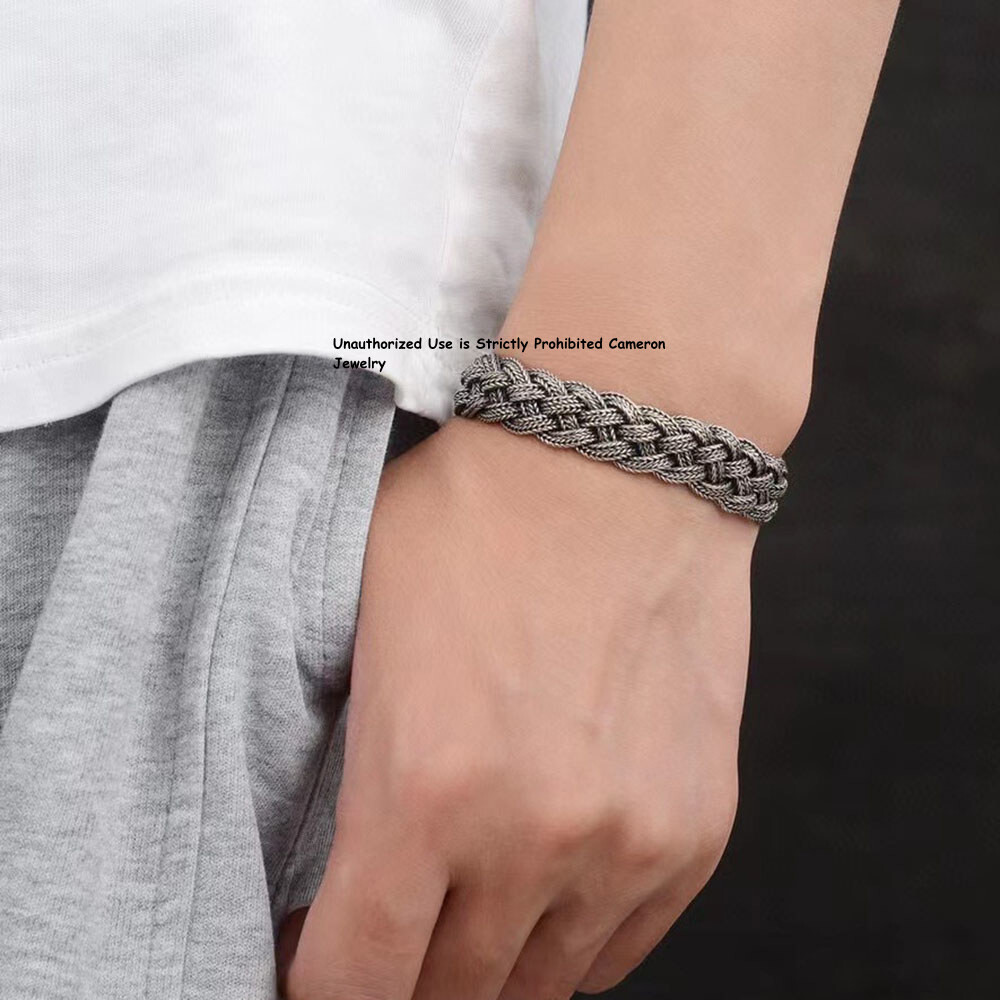 Pure S925 Sterling Silver Chain Men Women 13mm Braided Foxtial Link Bracelet