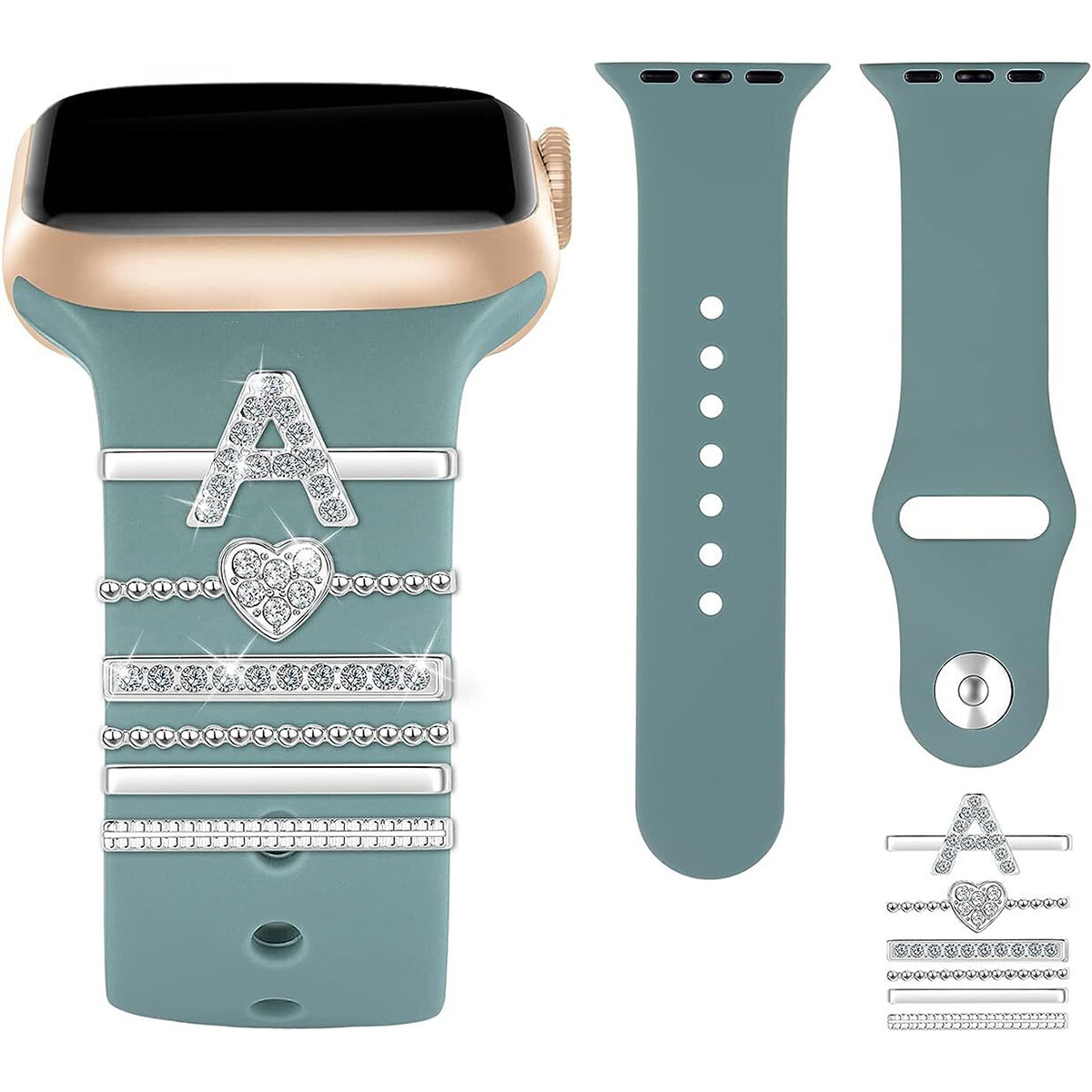 For Apple Watch Silicone Band Metal Charms Decorative Rhinestone Letter Ornament