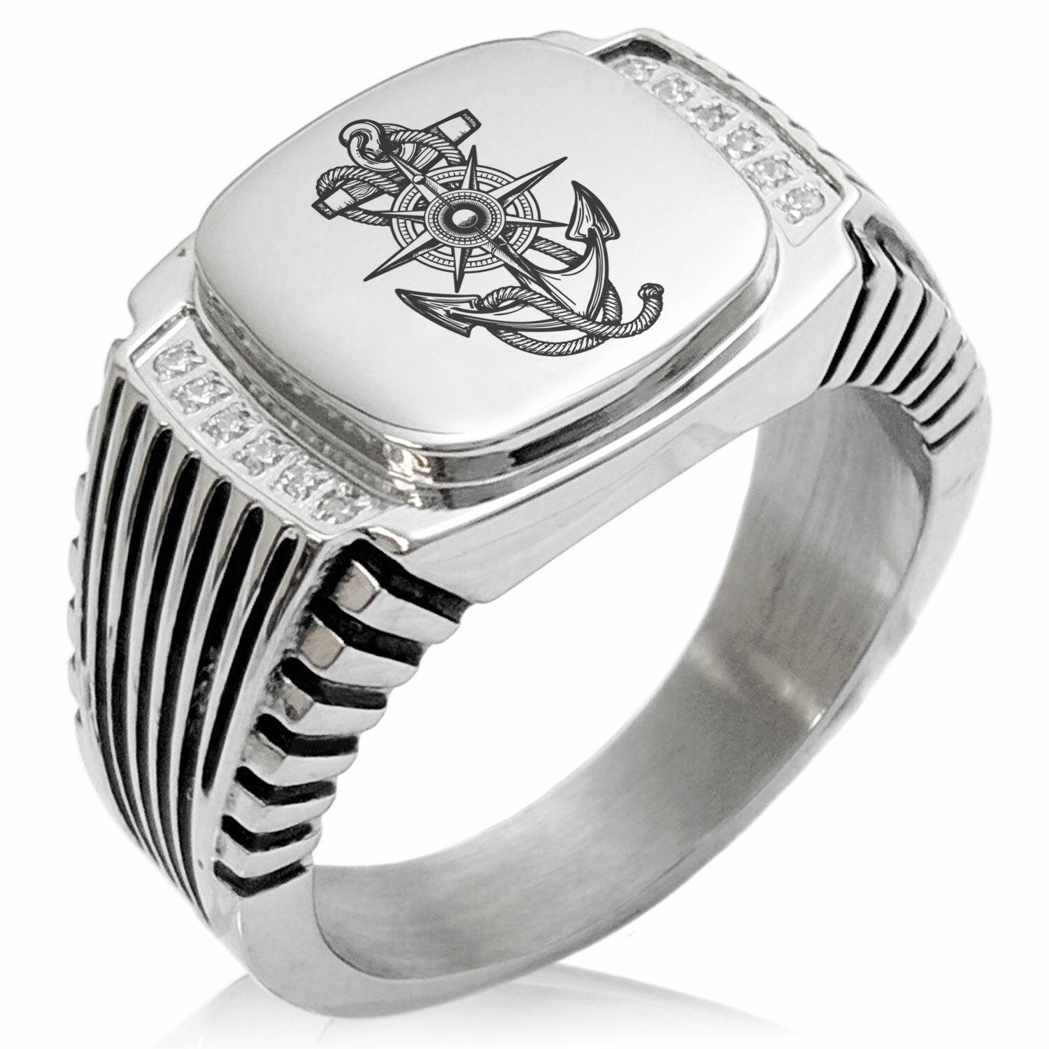 Stainless Steel Steel Nautical Compass Dial & Anchor CZ Biker Style Signet Ring