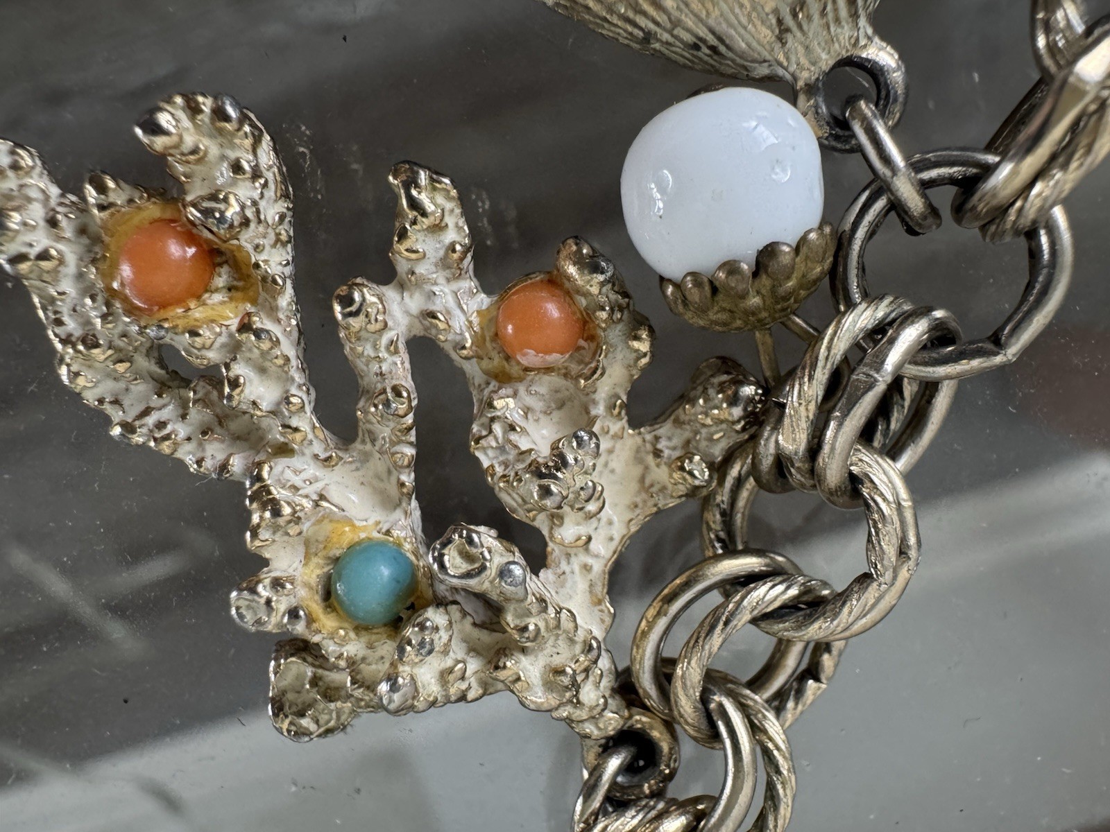 Vintage Chunky Sea Shell Charm Bracelet Coral Starfish Shell Nautical Crystal