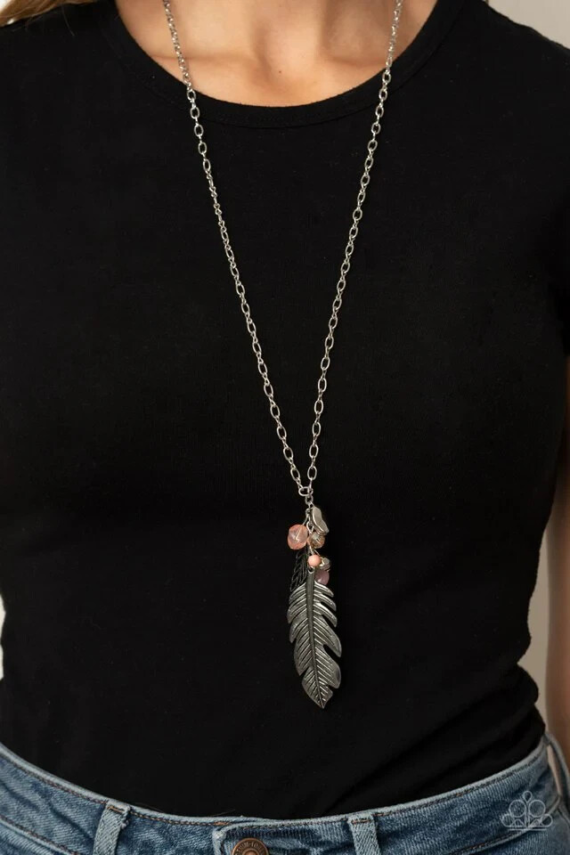 Paparazzi Necklace- Feather Flair- Pink Opaque Stone- Oversized Feather Charm