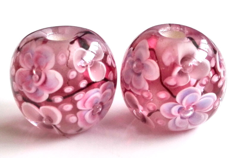 10pcs handmade Lampwork glass beads glass pink plum flower round 14mm