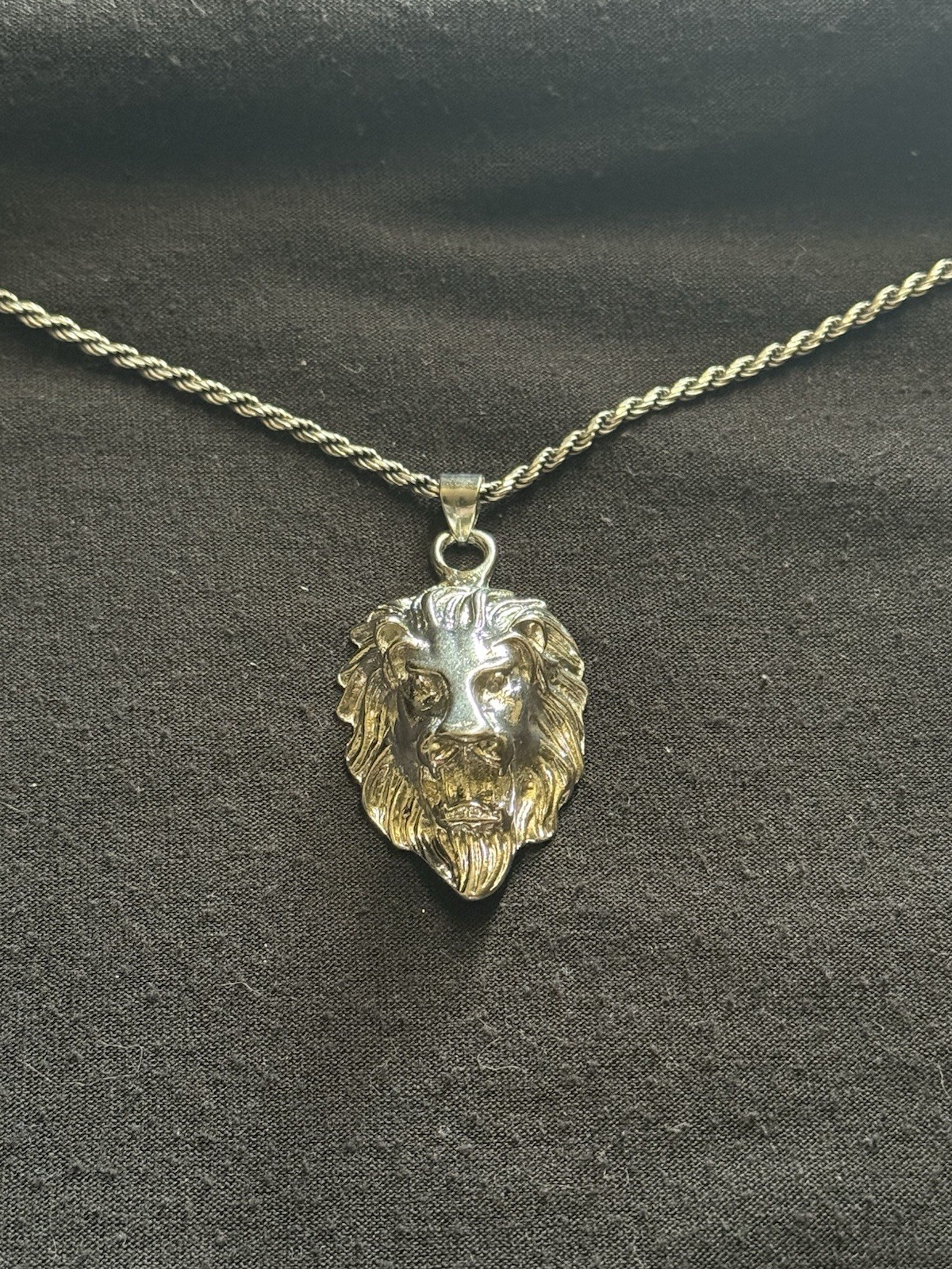 Silver Tone Lion Head Charm Pendant Necklace Rope Chain Metal No Stone
