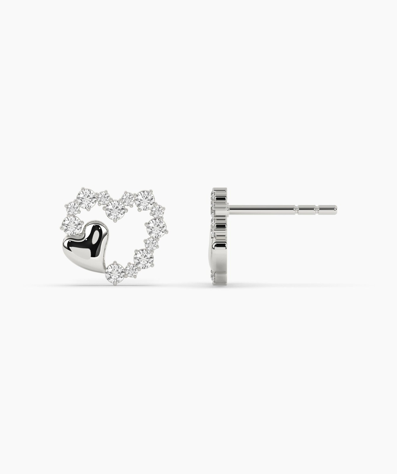 Round Cut Lab Grown Diamond 14K Gold Double Heart Diamond Stud Fine Earrings