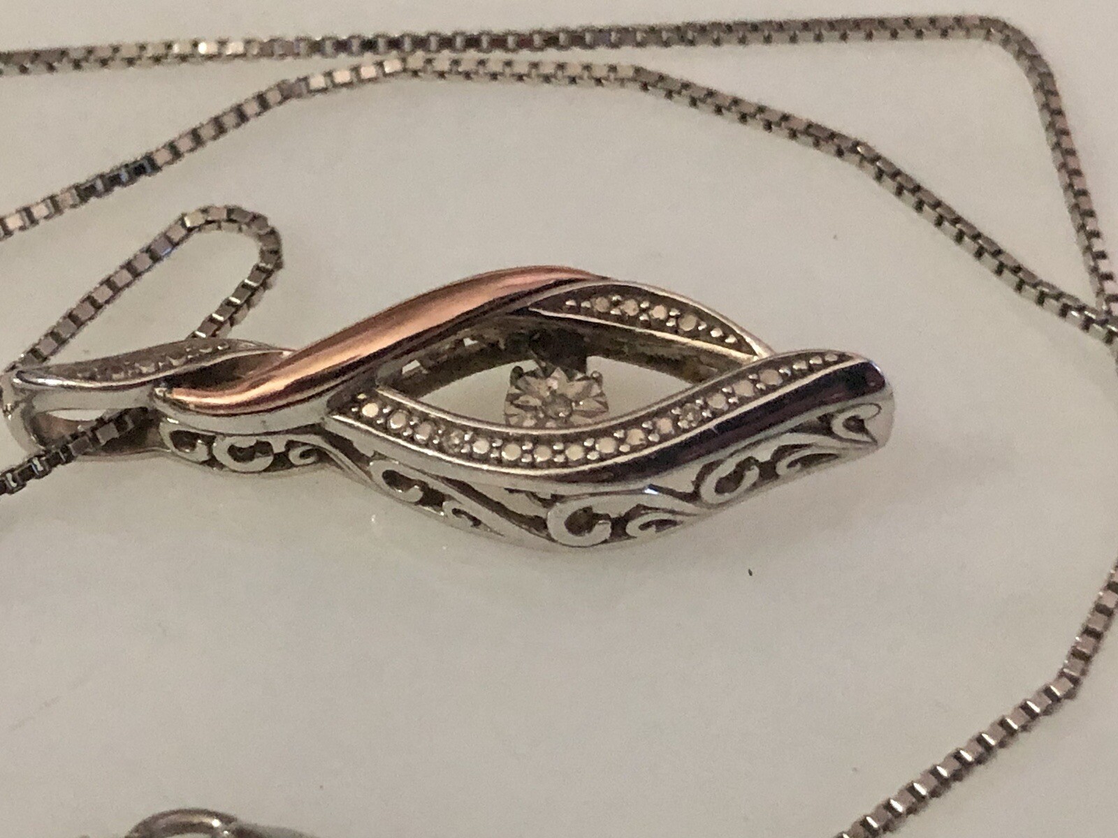 OTC Sterling 10k Rose Gold Infinity Pendant Sterling Box Chain Motion Diamond