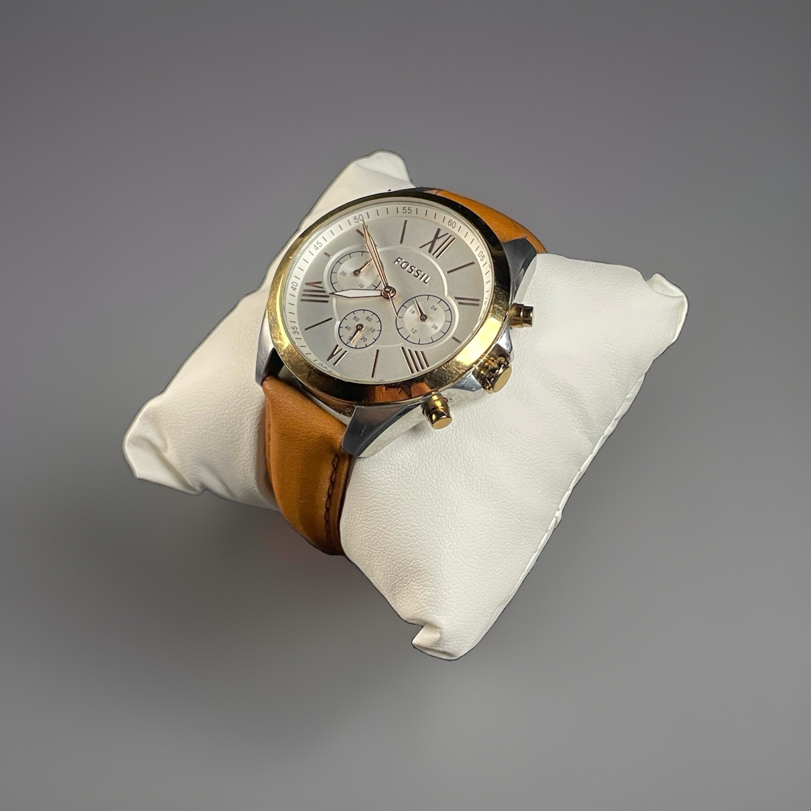 Fossil BQ3033 Quartz Chronograph Watch Silver Dial Brown Leather
