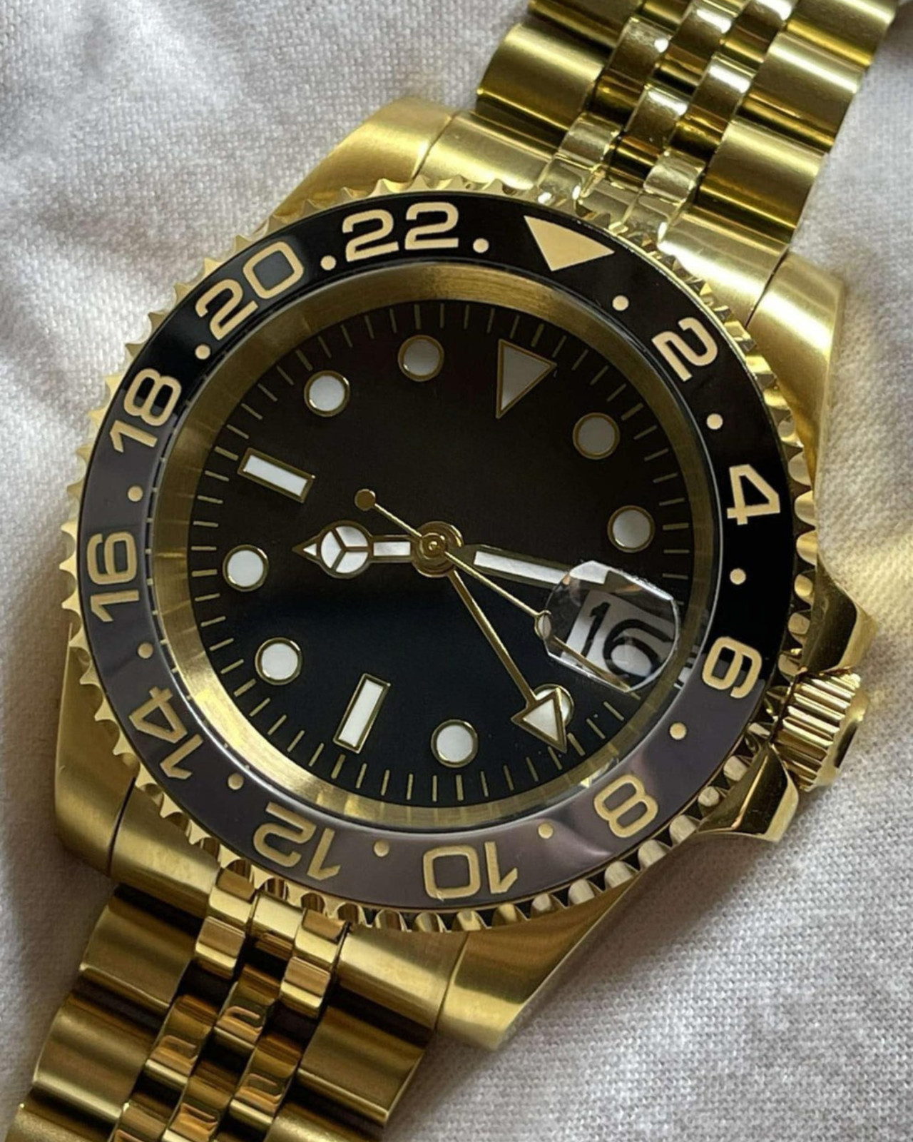 PrimeCrown Gold GMT Watch | Black 24h Bezel | Authentic Seiko NH34 Movement