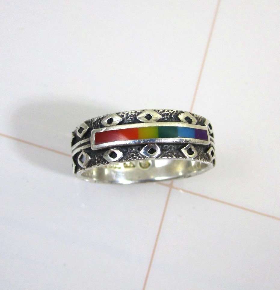 Vintage Sterling Silver Rainbow Ring 925 PSCL size 9.5 Peter Stone Etched Band