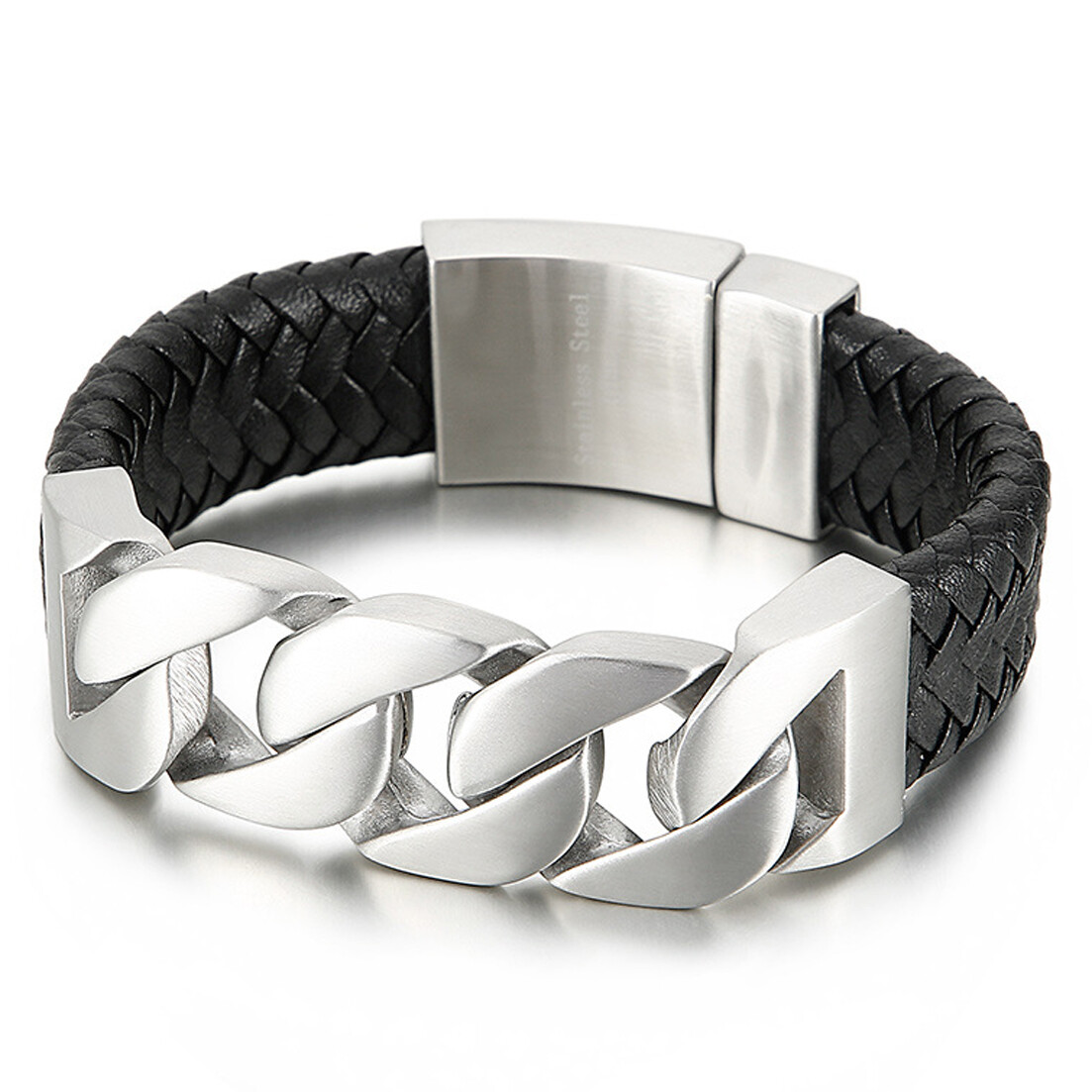 Men’s Gold Tone Stainless Steel Cuban Link Chain Bracelet Braided Leather 24mm