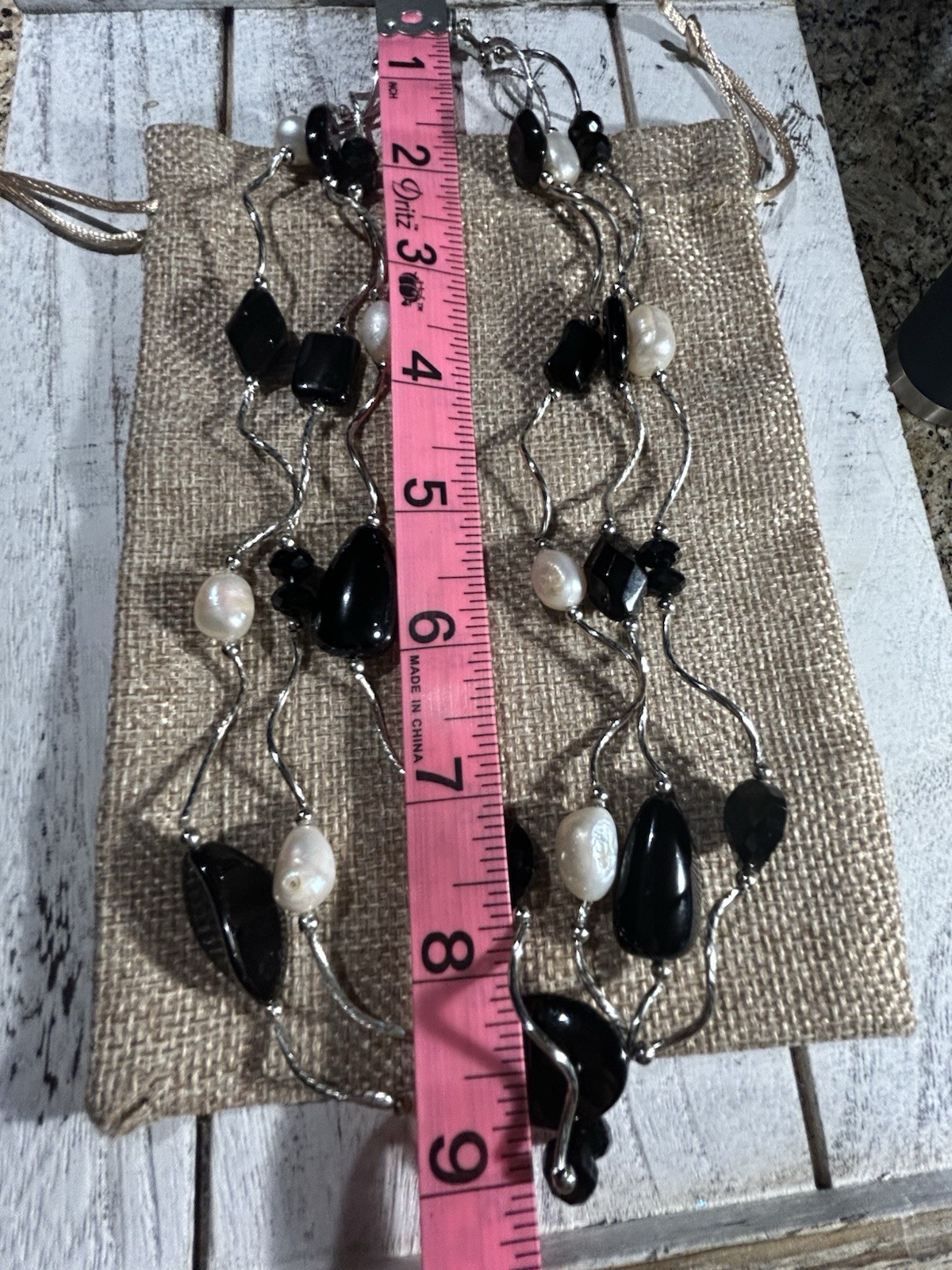 Artisan Black Crystal + Glass Bead Freshwater Pearl 3- Strand Wavy Link Necklace