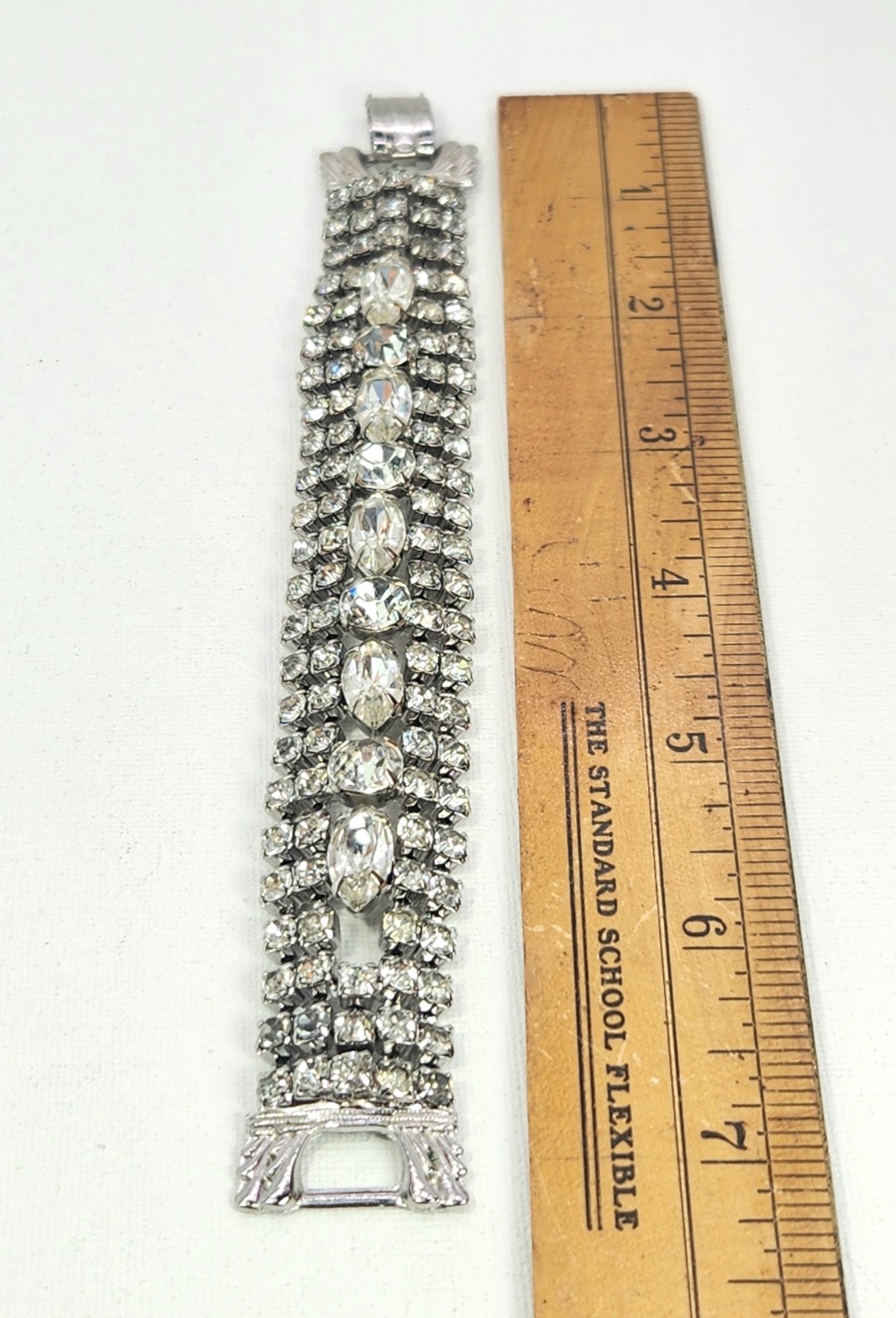 Vintage Rhinestone Bracelet Rhodium Plated White Colorless Sparkle 6 3/4″ Length