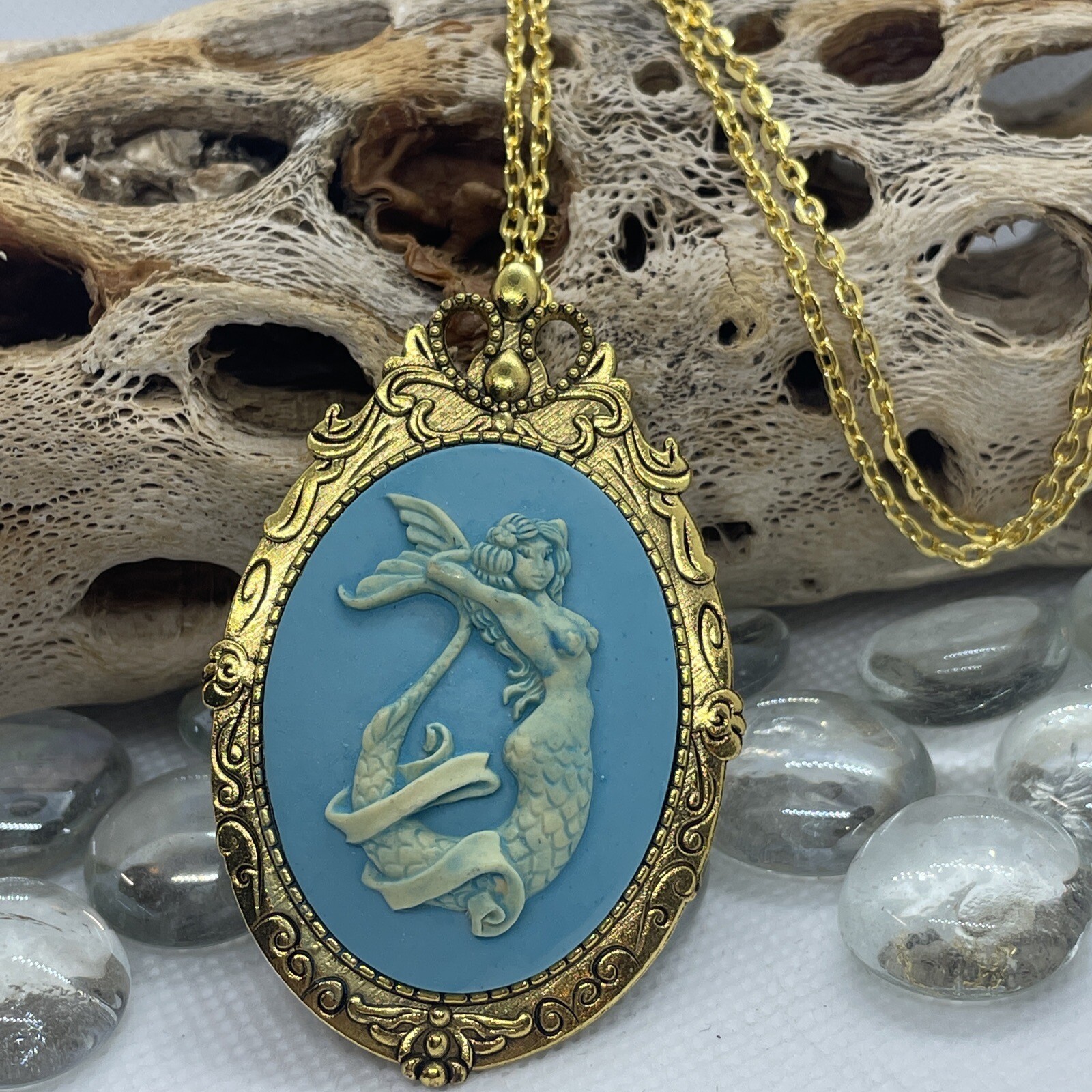 Mermaid Beach BFF Sister Sea Goddess WEDDING Siren Cameo Necklace Teal Gold New