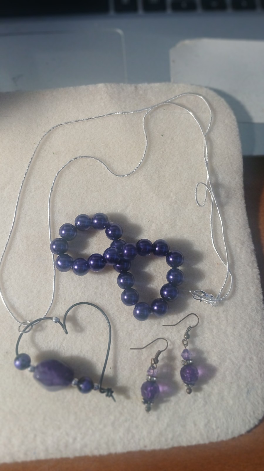 3 piece jewelry/ purple bead bracelet/earrings/silver heart charm necklace