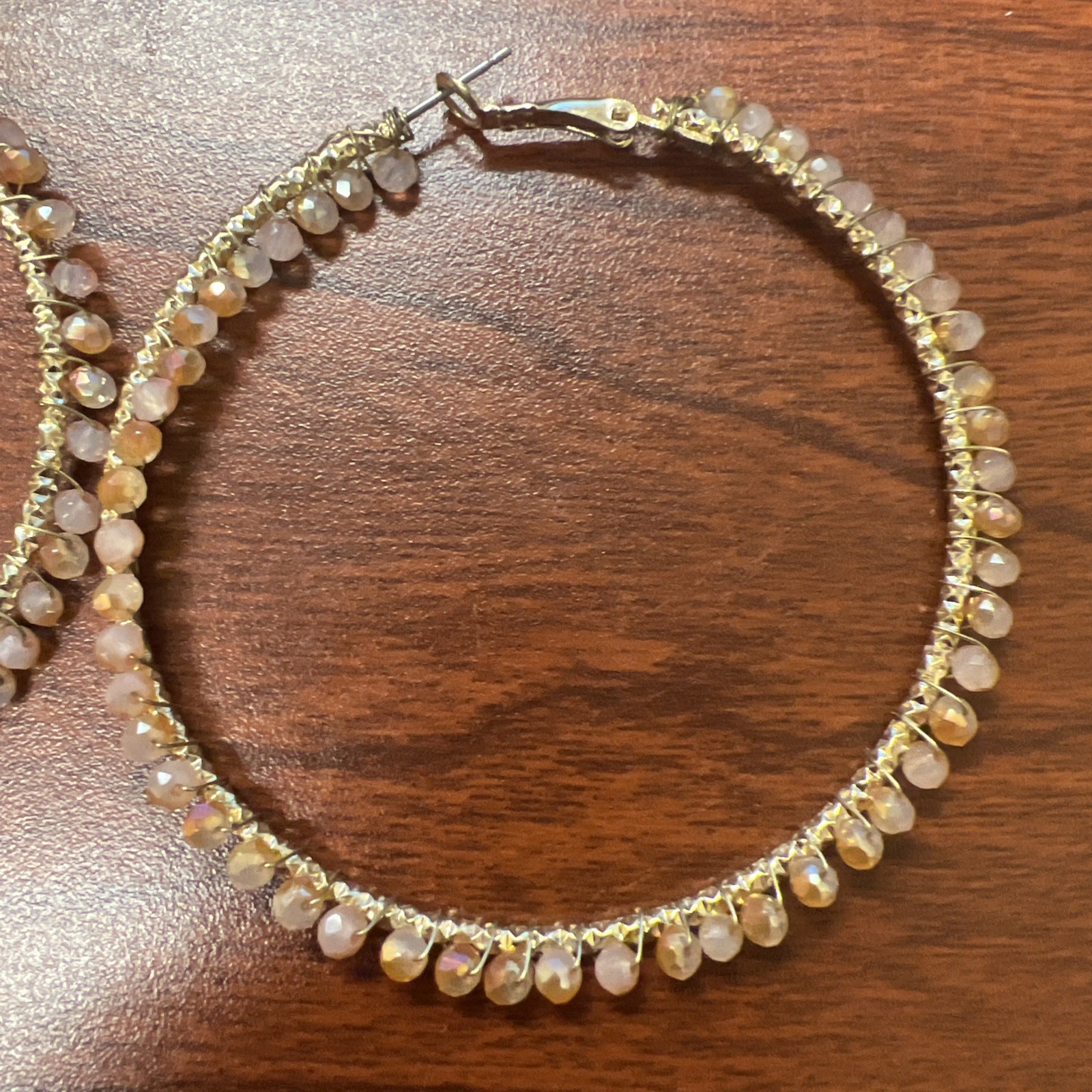 Pinkish Iridescent Beads Party Earrings Hoop Pink And Gold