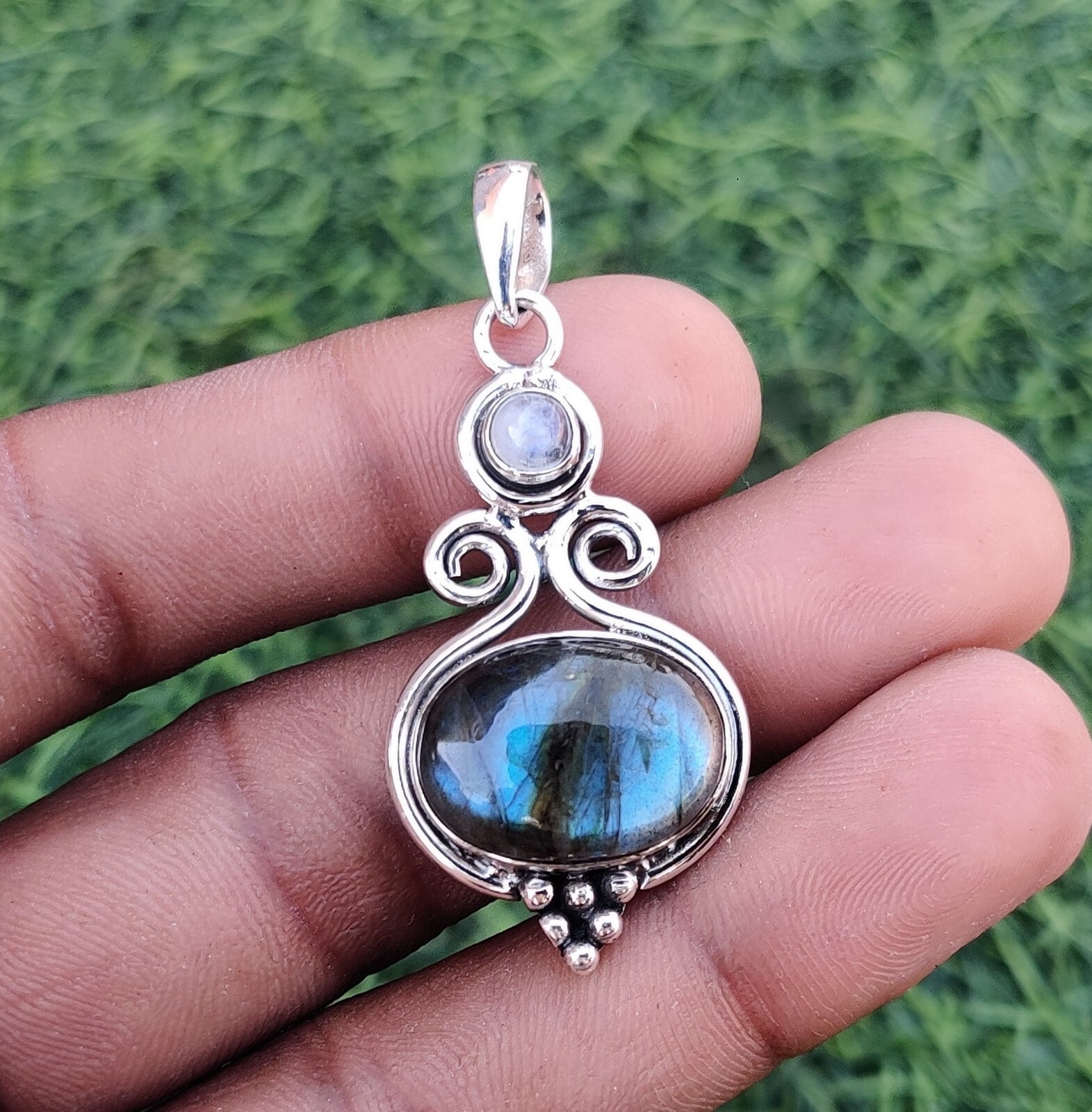 Labradorite& Moonstone Gemstone 925 Sterling Silver Designer Pendent SK2038