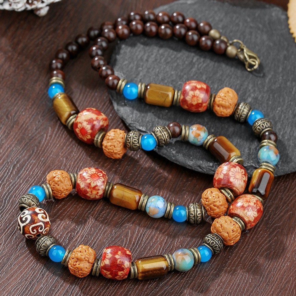 Mens Tigers Eye Multi Stone Walnut Bead Necklace Boho Statement Necklace Choker