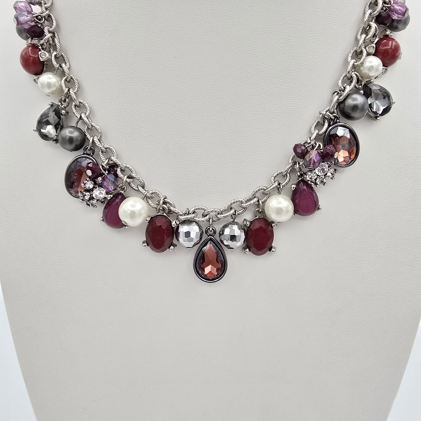 White House Black Market Red Rhinestone & Faux Pearl Necklace Purple Gray White