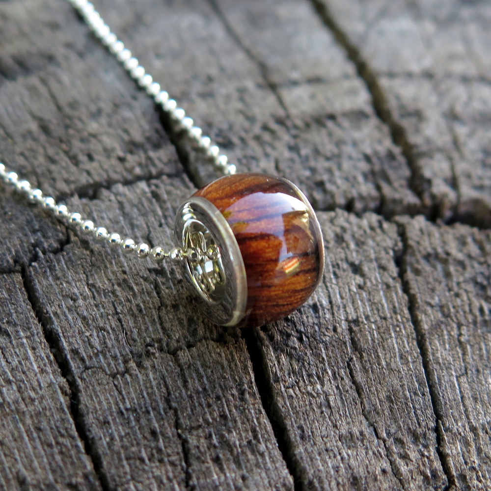 Koa Wood Hawaiian Jewelry Barrel 8mm Silver Rhodium Plated Brass Pendant BRP1042