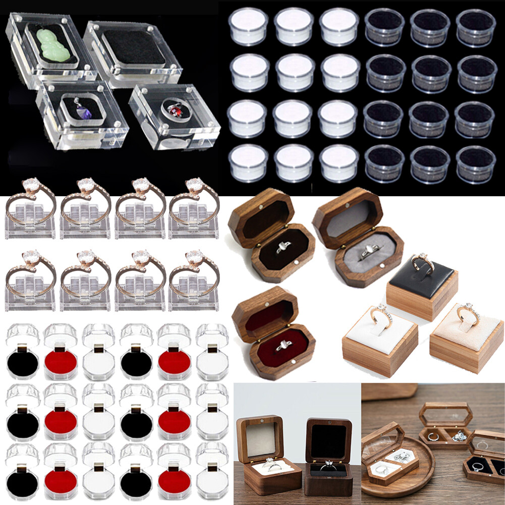 Walnut Wood Ring Display Box Plastic clear Crystal Box Jewelry Gems Storage Box