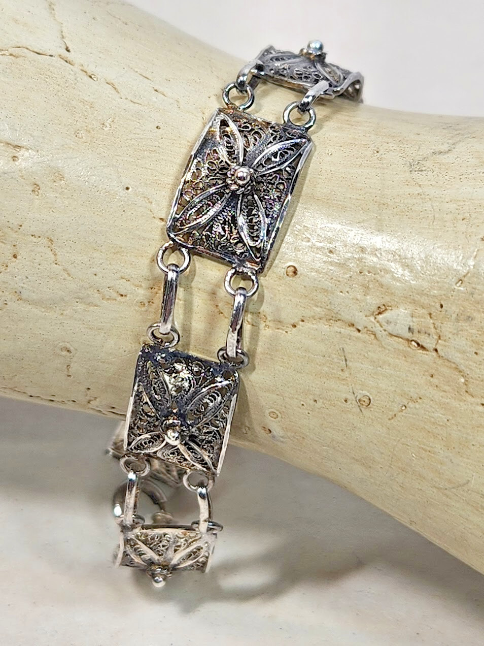 Topazio Portugal Link Articulated Filigree 925 Sterling Silver Bracelet 7.25in