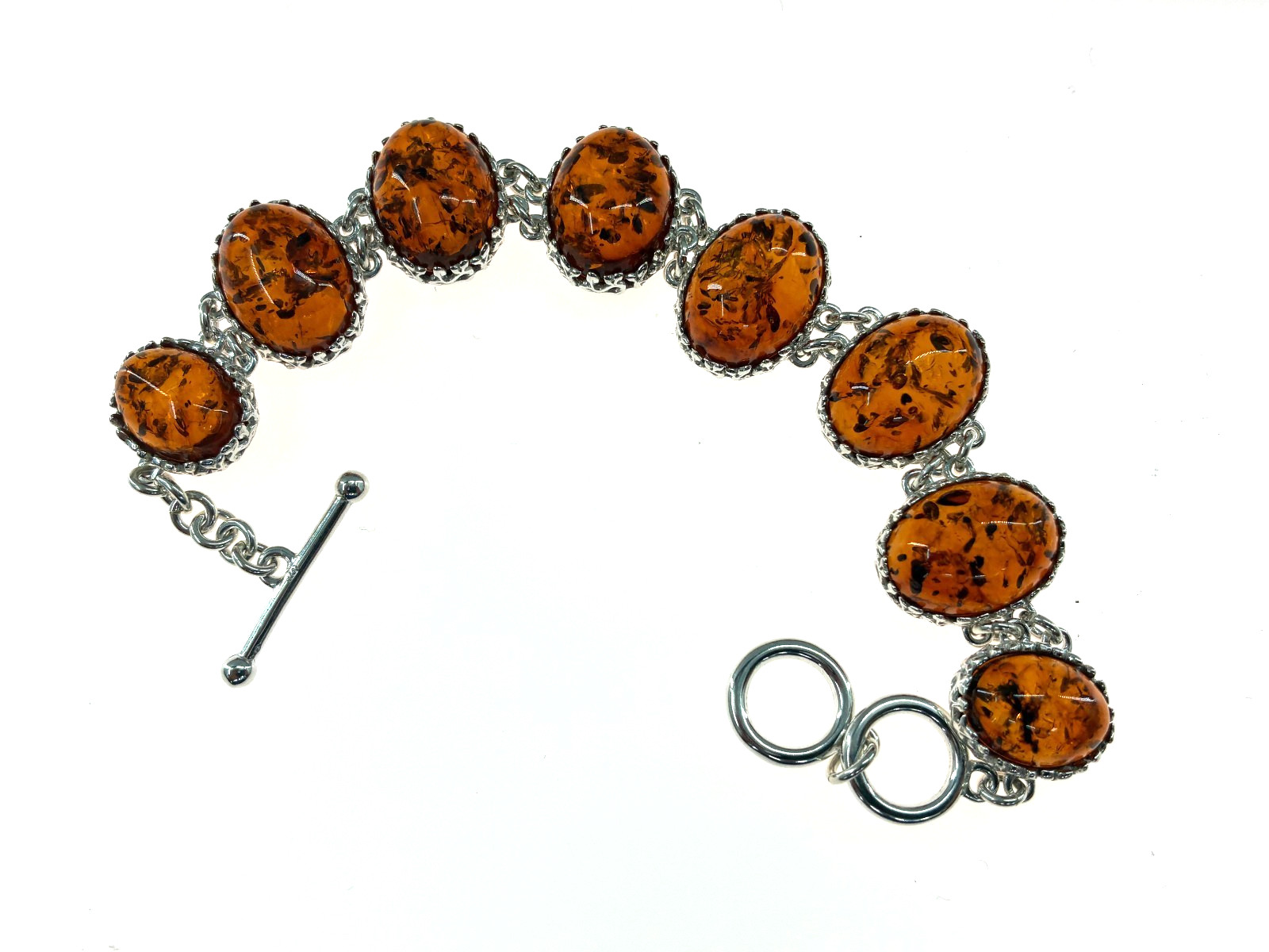 Baltic Amber Extraordinaire Cognac Orange Toggle Bracelet Sterling 925 6-6.75in
