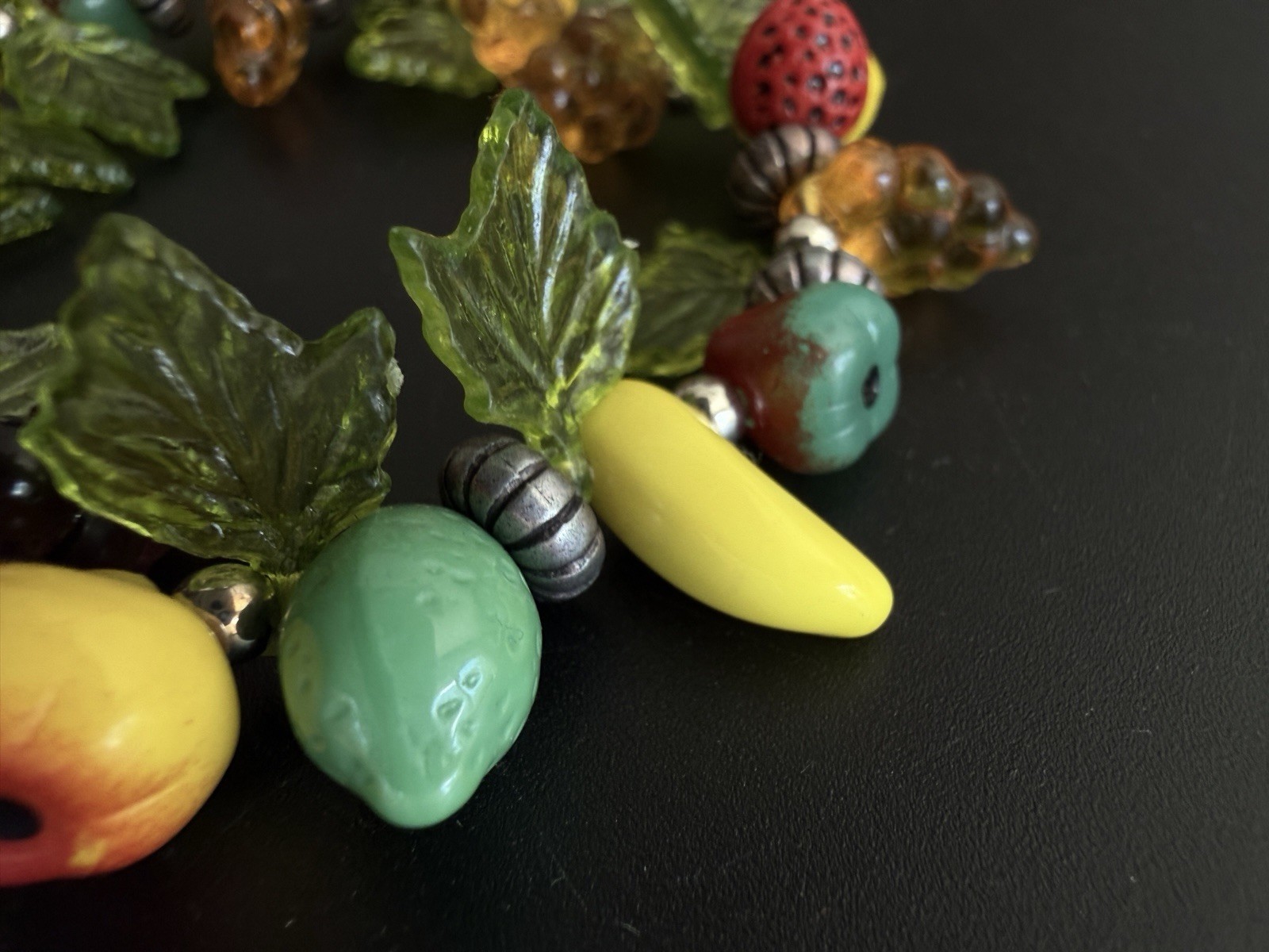 Vintage Plastic Acrylic Resin Fruit Salad Charm Bracelet Colorful Beads Silver