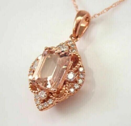 3Ct Emerald Cut Lab Created Morganite Women Pendant 14K Rose Gold Plated Silver