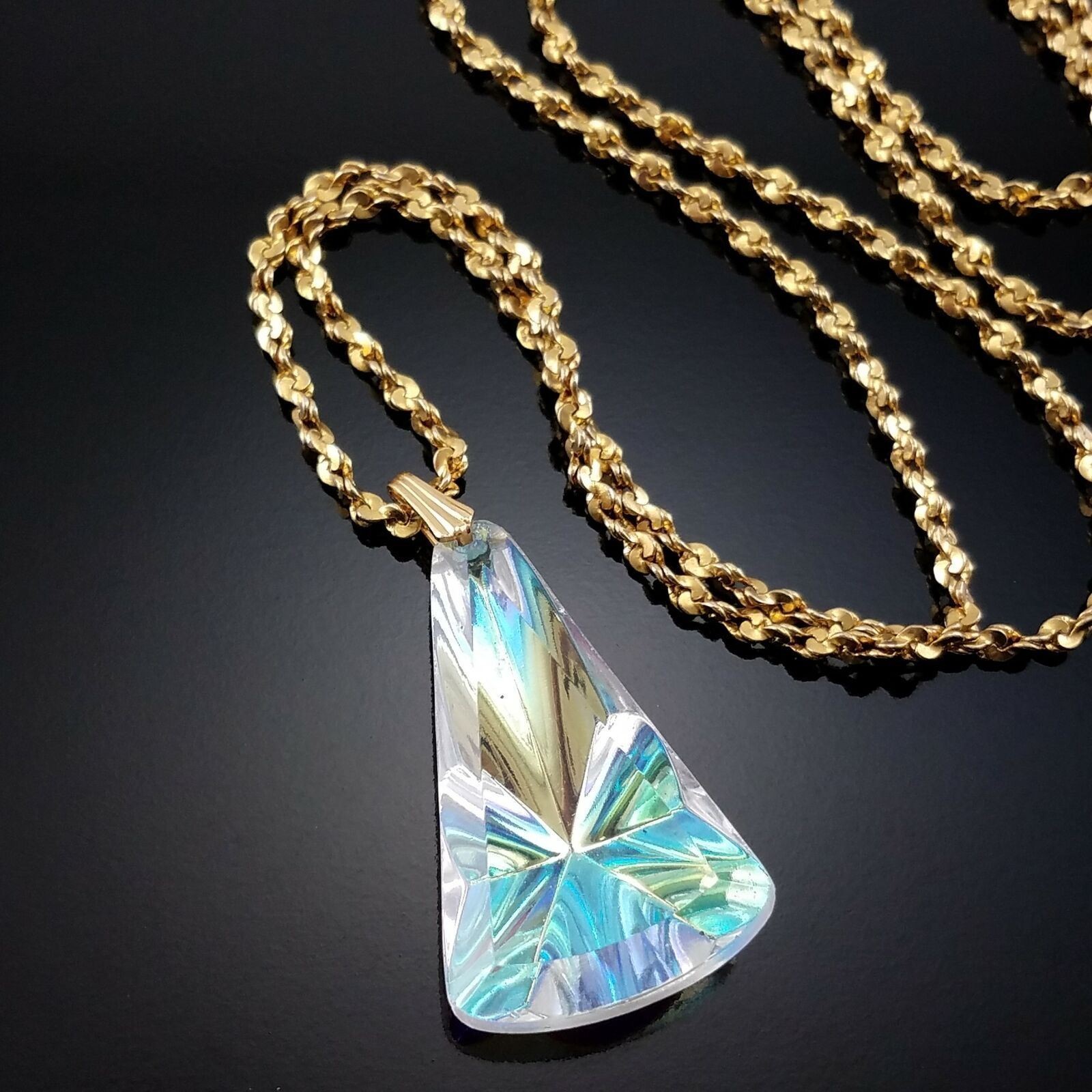 Vintage Watermelon Glass Pendant Necklace Gold Plated Twisted Chain Jewelry