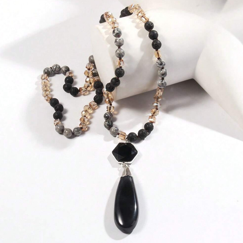 Jasper, Lava Stone & Crystal Beaded Necklace with Obsidian Pendant 20″ *NEW*