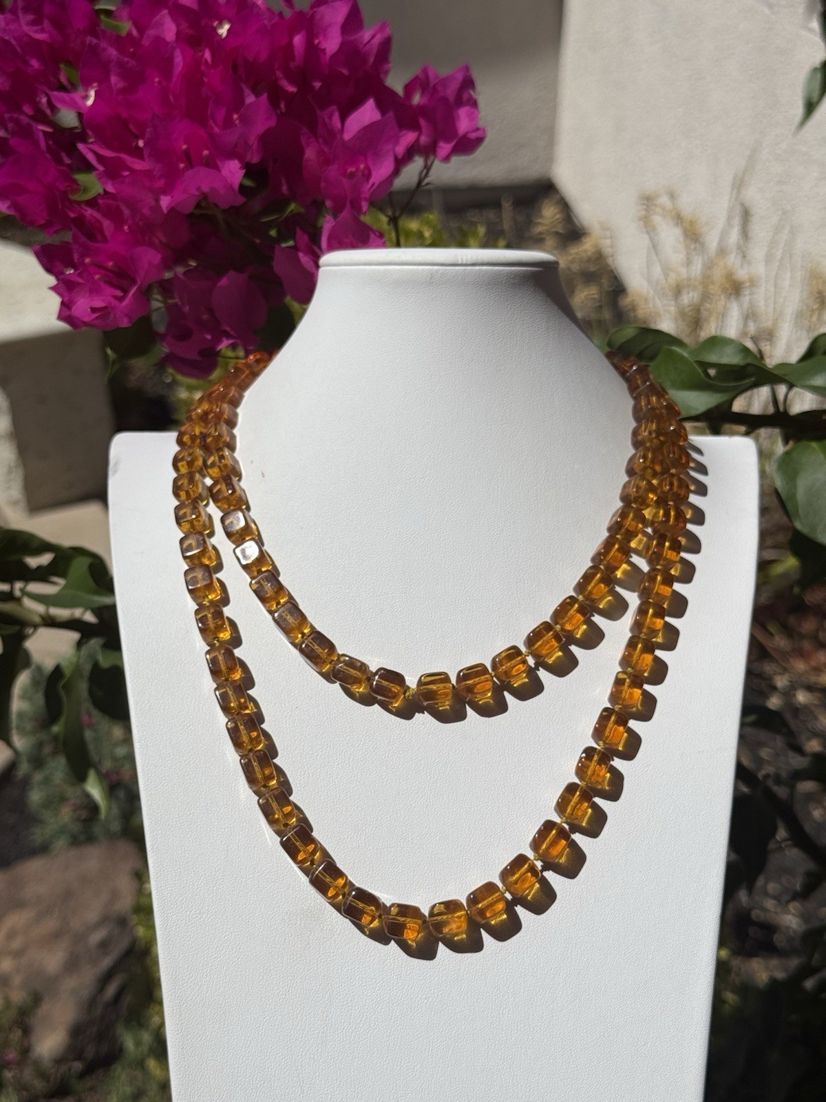 Vintage Golden Honey Cubed Glass Beads All Knotted Necklace 44″ L